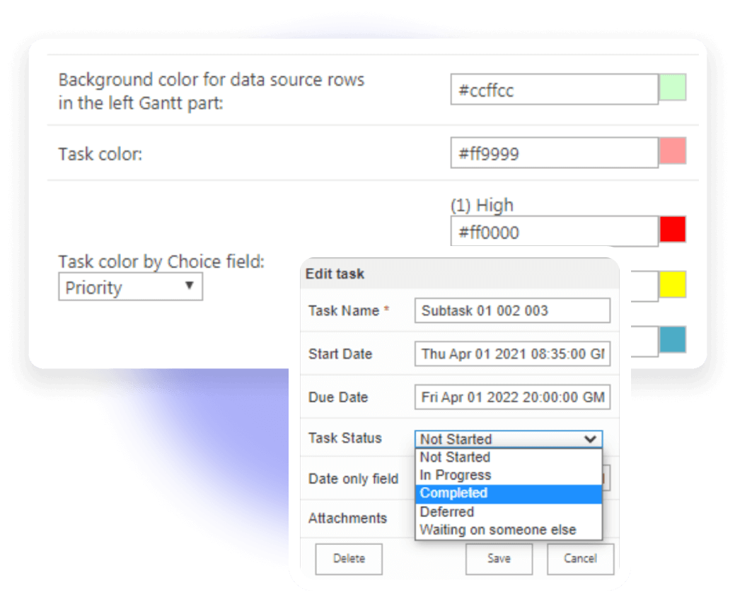 gantt chart for sharepoinonline settings