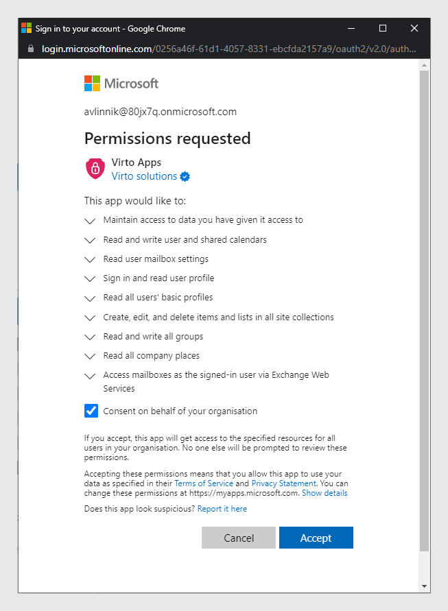 permissions requested for virto apps