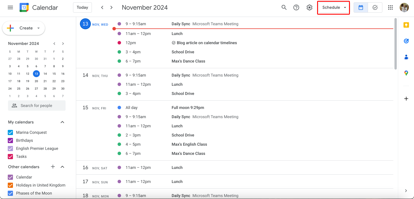 Pic. 2. Google Calendar Schedule view.