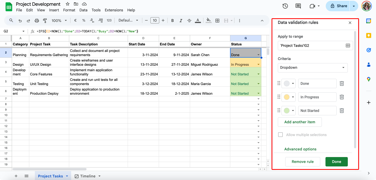 Pic. 4. Formatting a status column in Google Sheets.