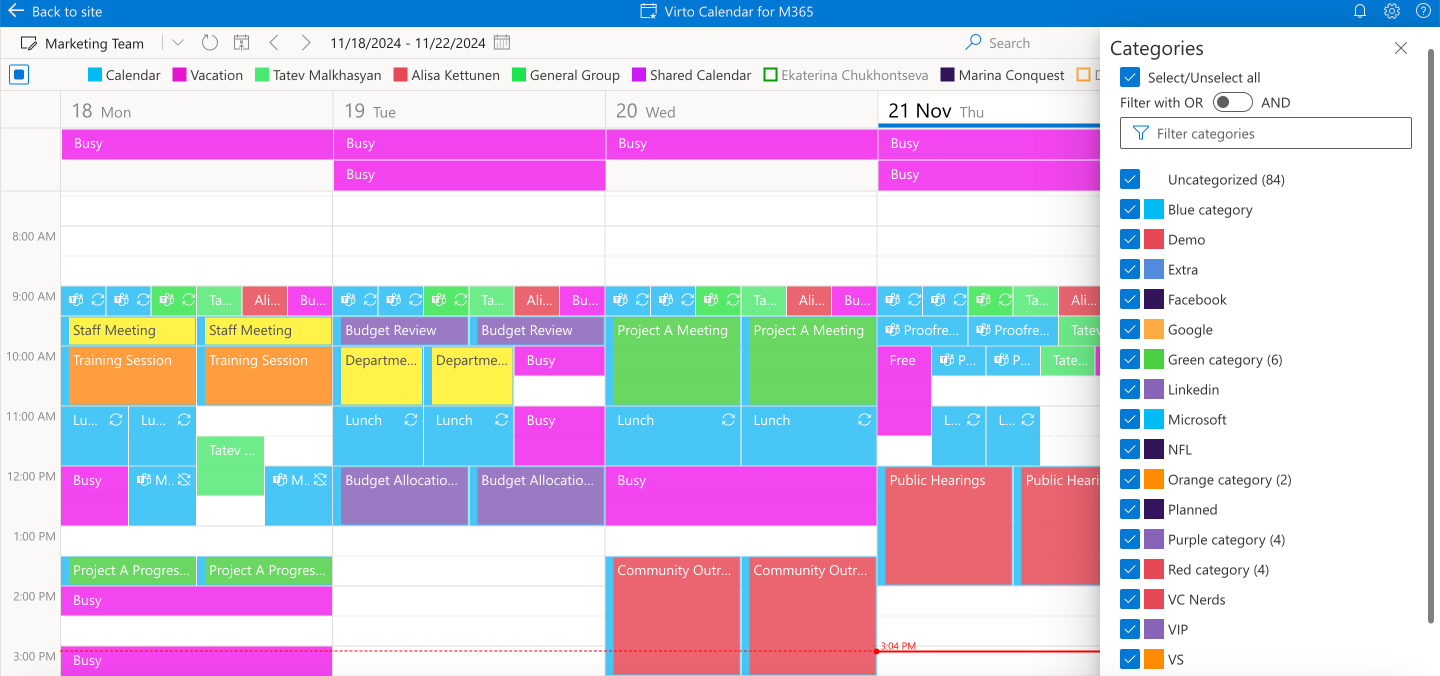 Sample overlaid Virto Calendar with categories.