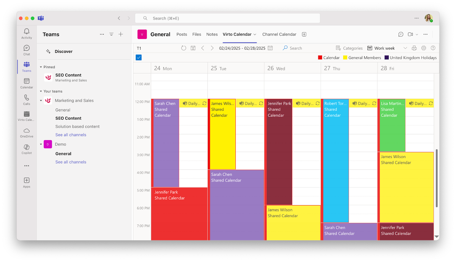 Example of Virto Calendar App within Microsoft Teams