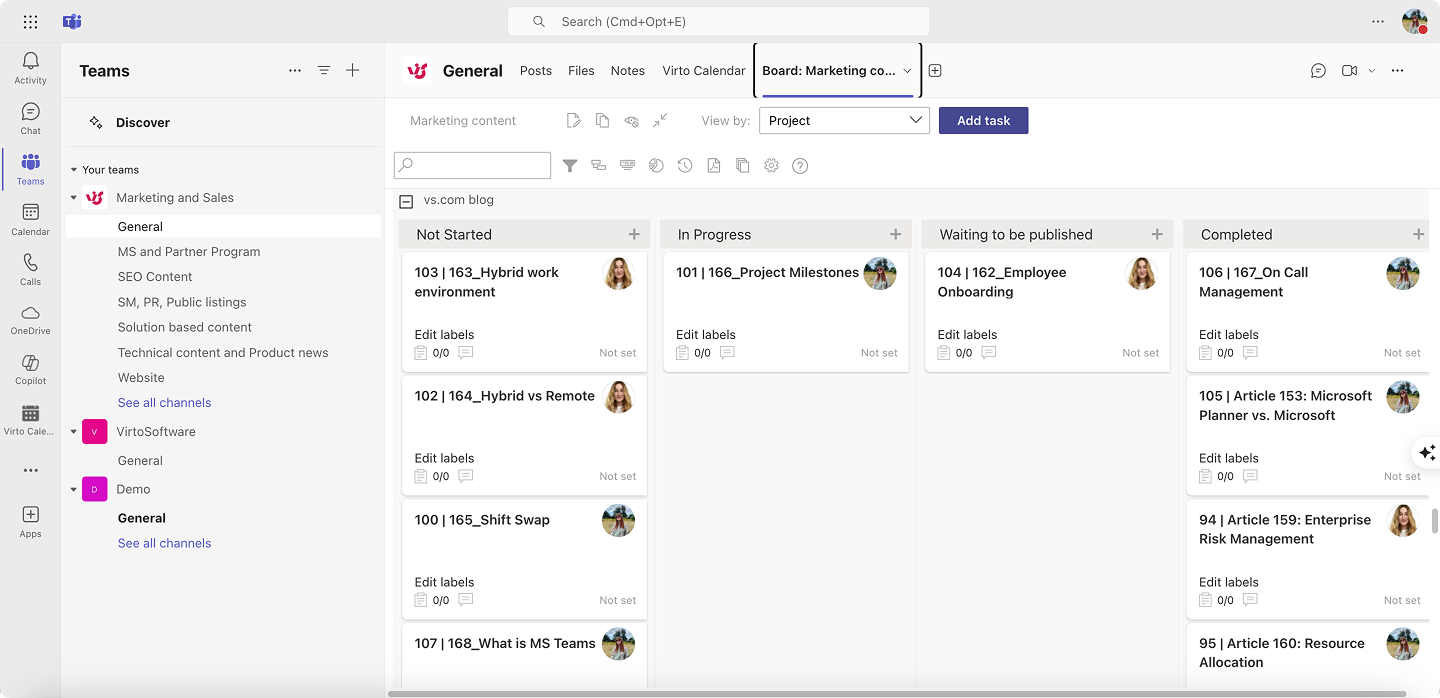 Sample Virto Kanban Board within Teams