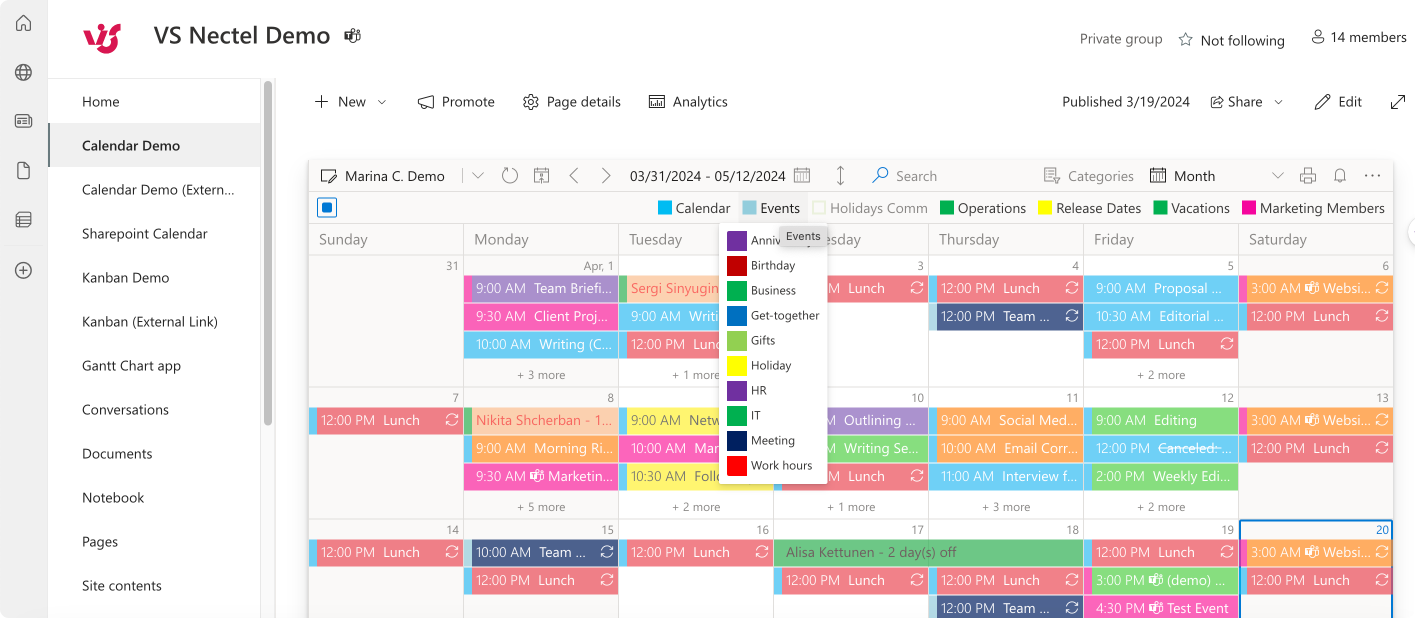 Sample color-coded view of Virto Calendar App