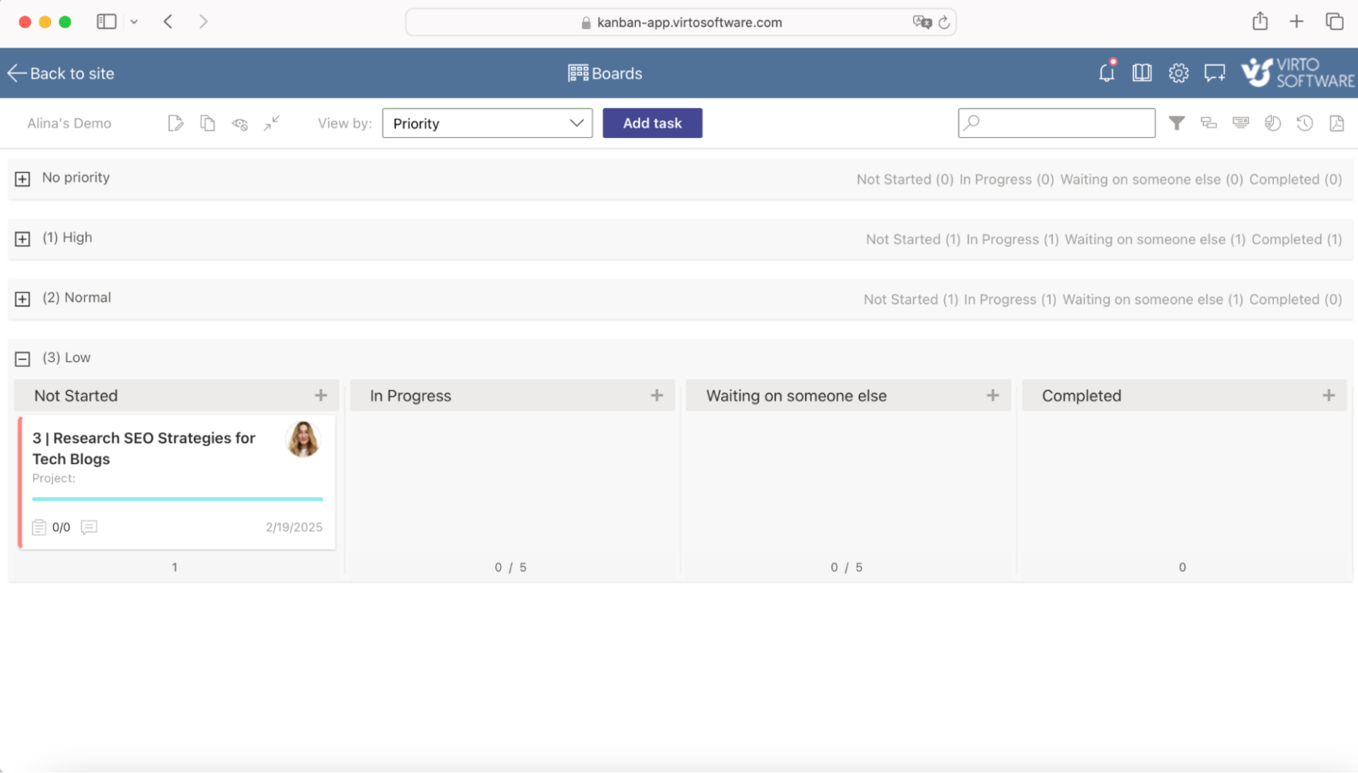 Swimlanes in Virto Kanban board sorted by priority
