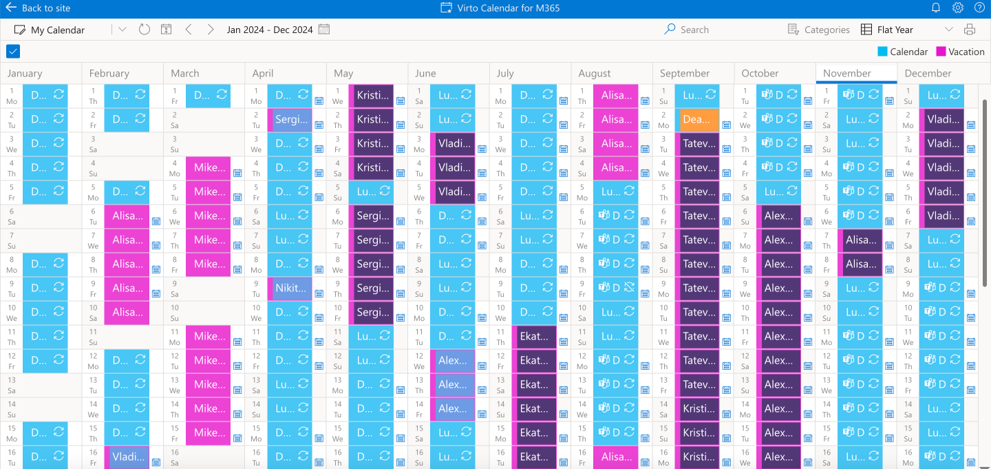 Virto Calendar App sample flat year calendar