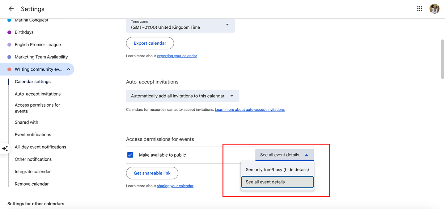 Choosing your privacy settings for the calendar