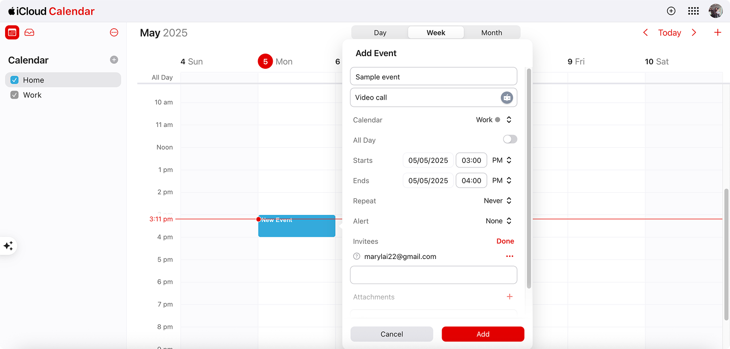 Creating a sample event in Apple calendar