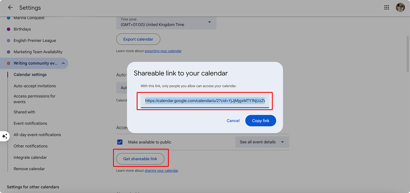 Creating a shareable link for your calendar