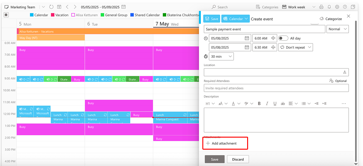 Document attachment for a sample event in Virto Calendar