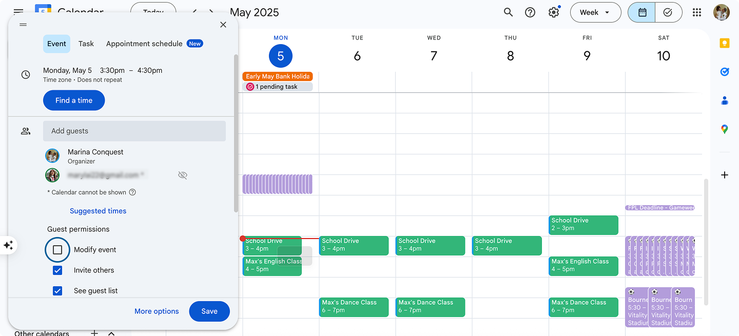 Filling in meeting details for the event in Google