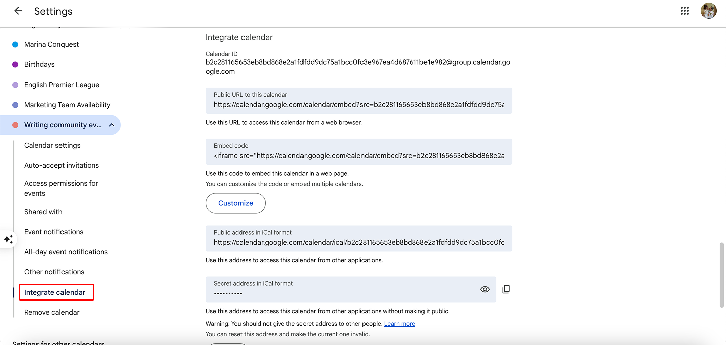 Navigating to the “Integrate calendar” section in Google calendar