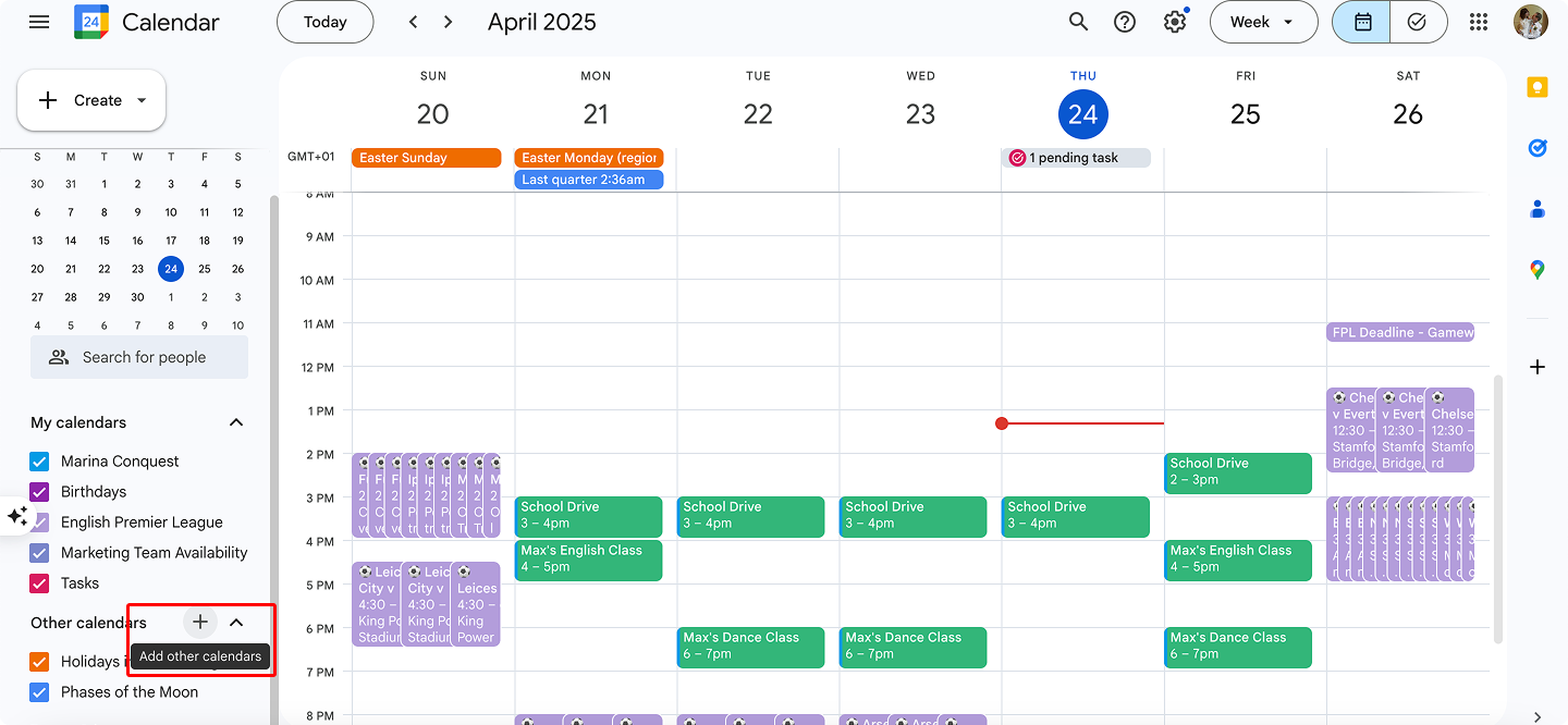 Navigating to the “Other calendars” in Google calendar