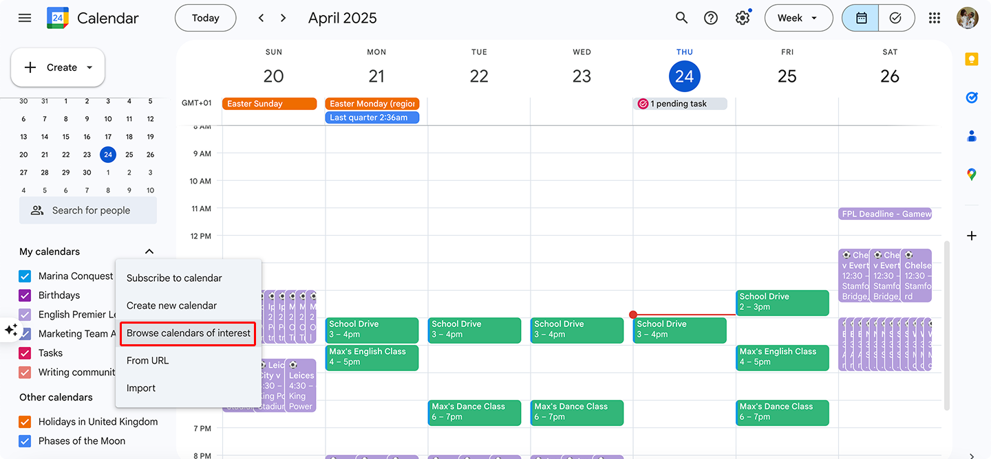 Navigating to the calendars of interest