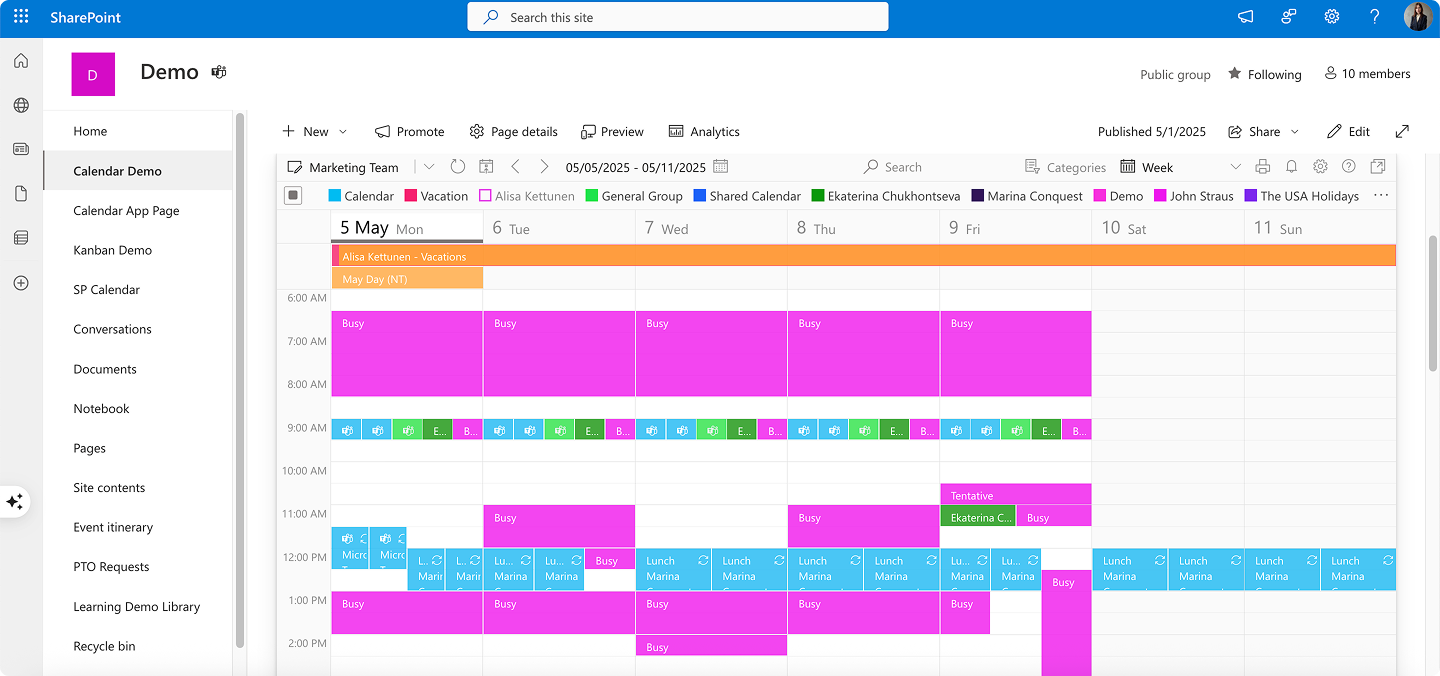 Sample Virto Calendar in SharePoint