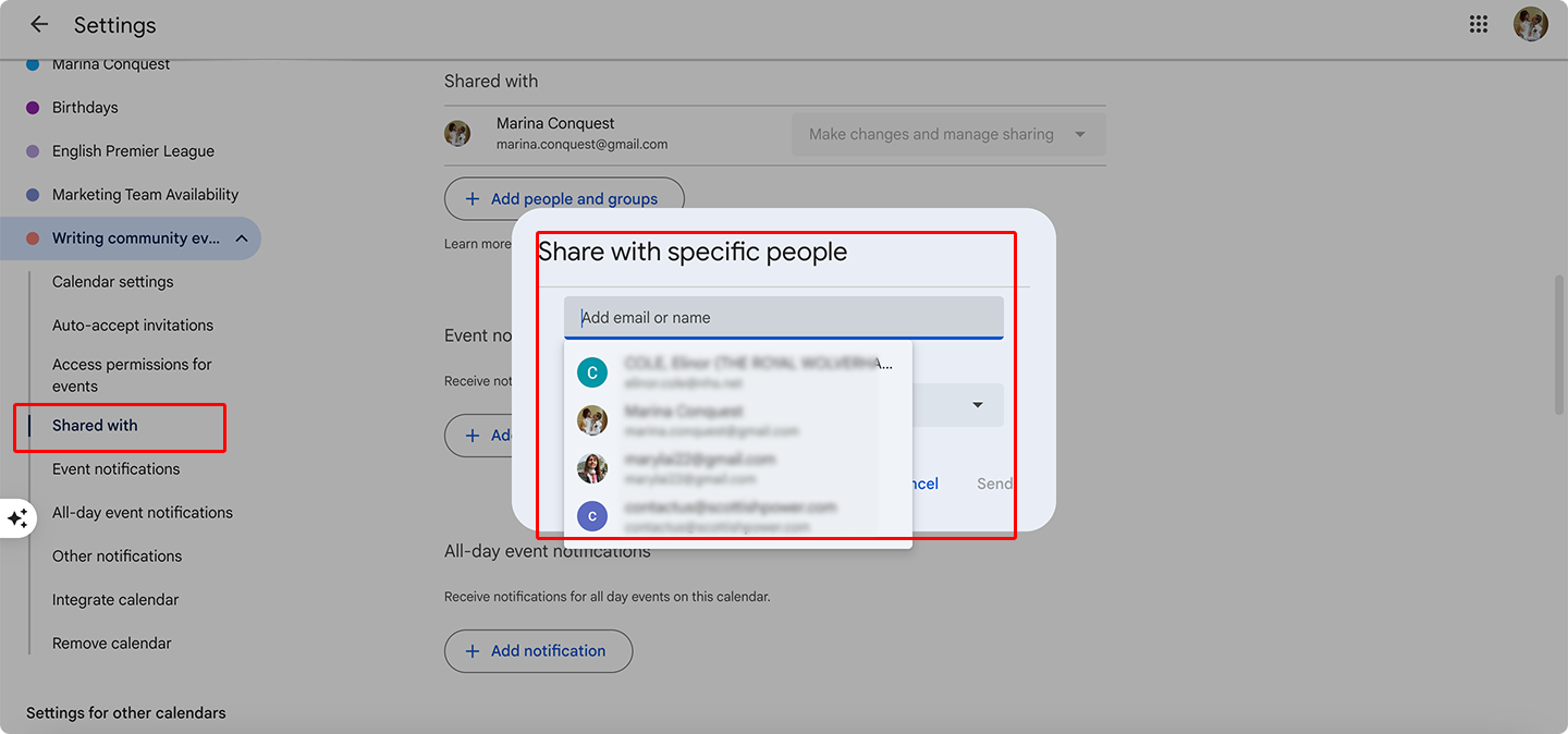Sharing your calendar with specific people