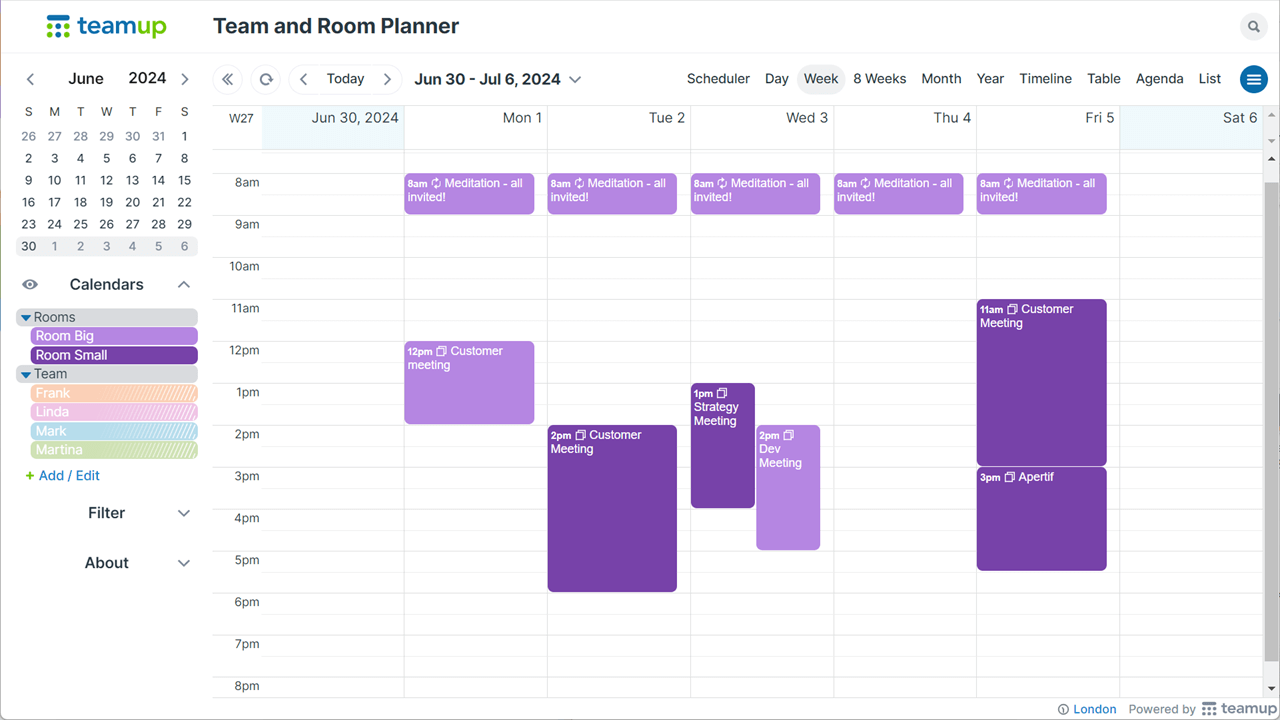 Teamup Team and Room Planner example - filter by rooms