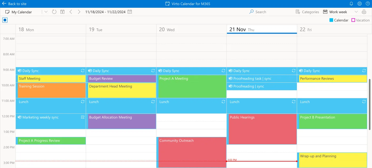 Color-coded sample Virto Calendar App