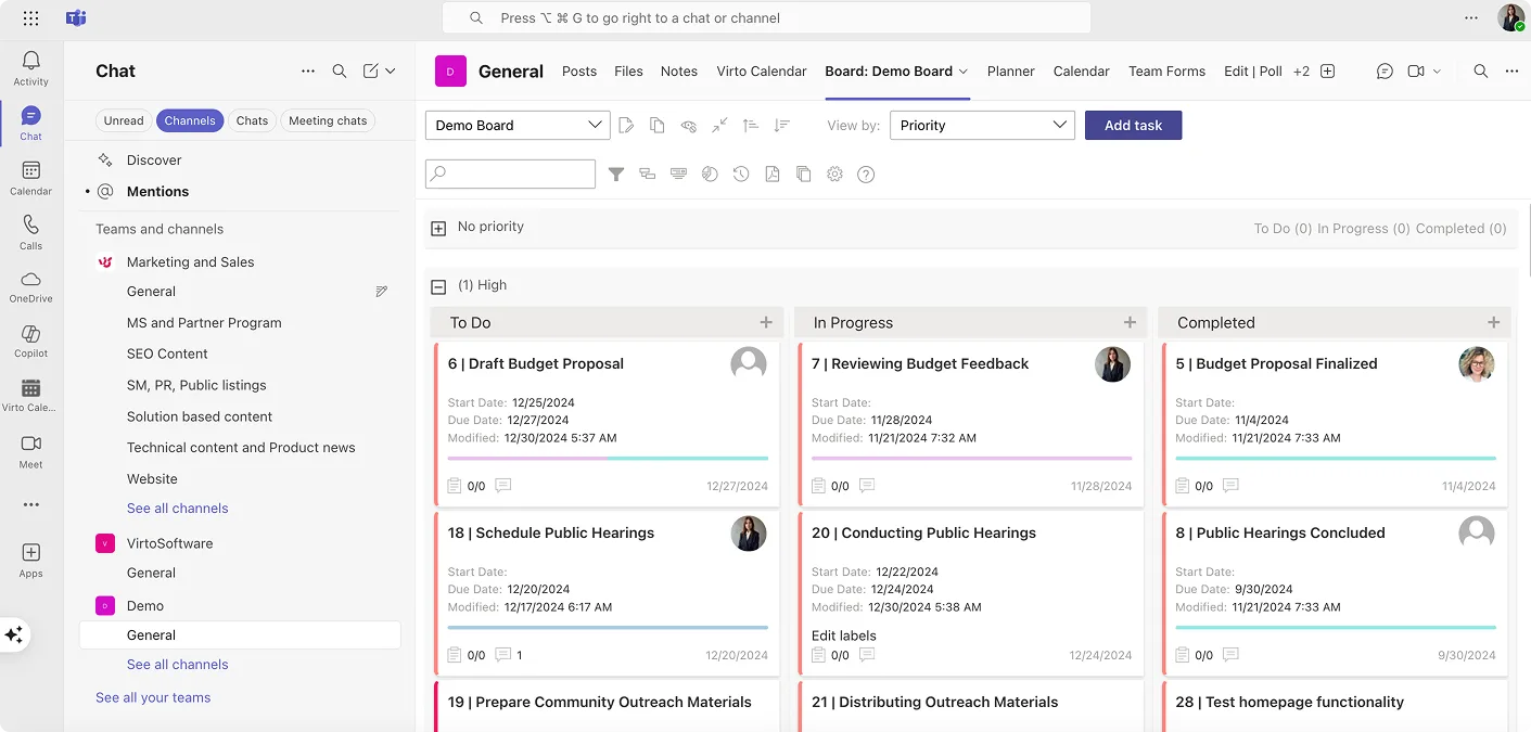 Demo Virto Kanban Board App within Teams