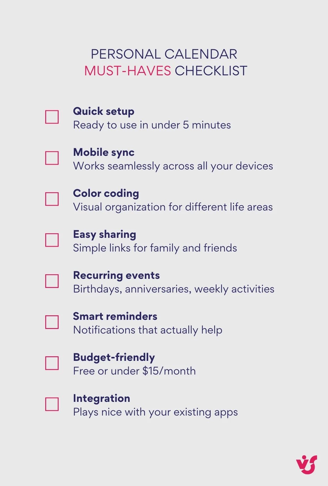 Personal Calendar Must-Haves Checklist.