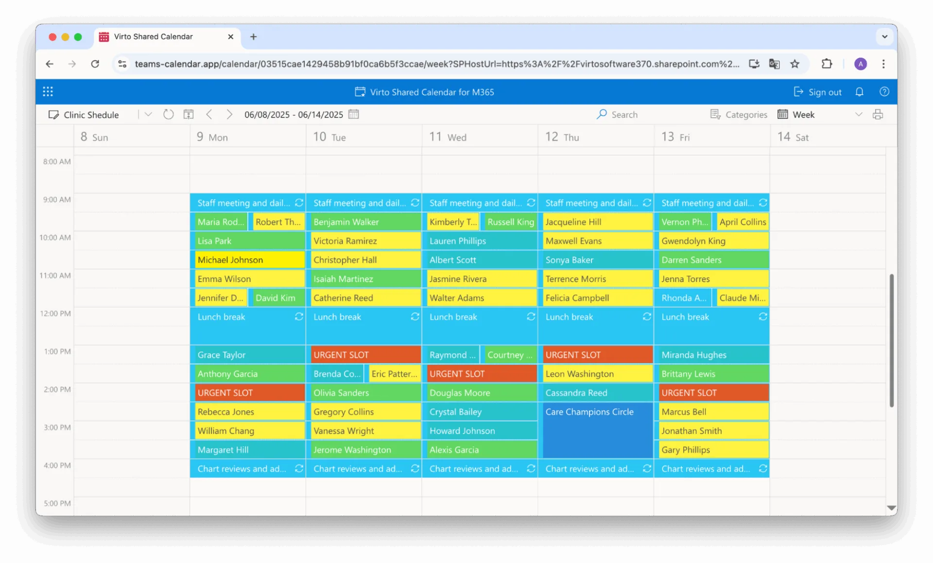 Color-coded sample clinic schedule in Virto Shared Calendar