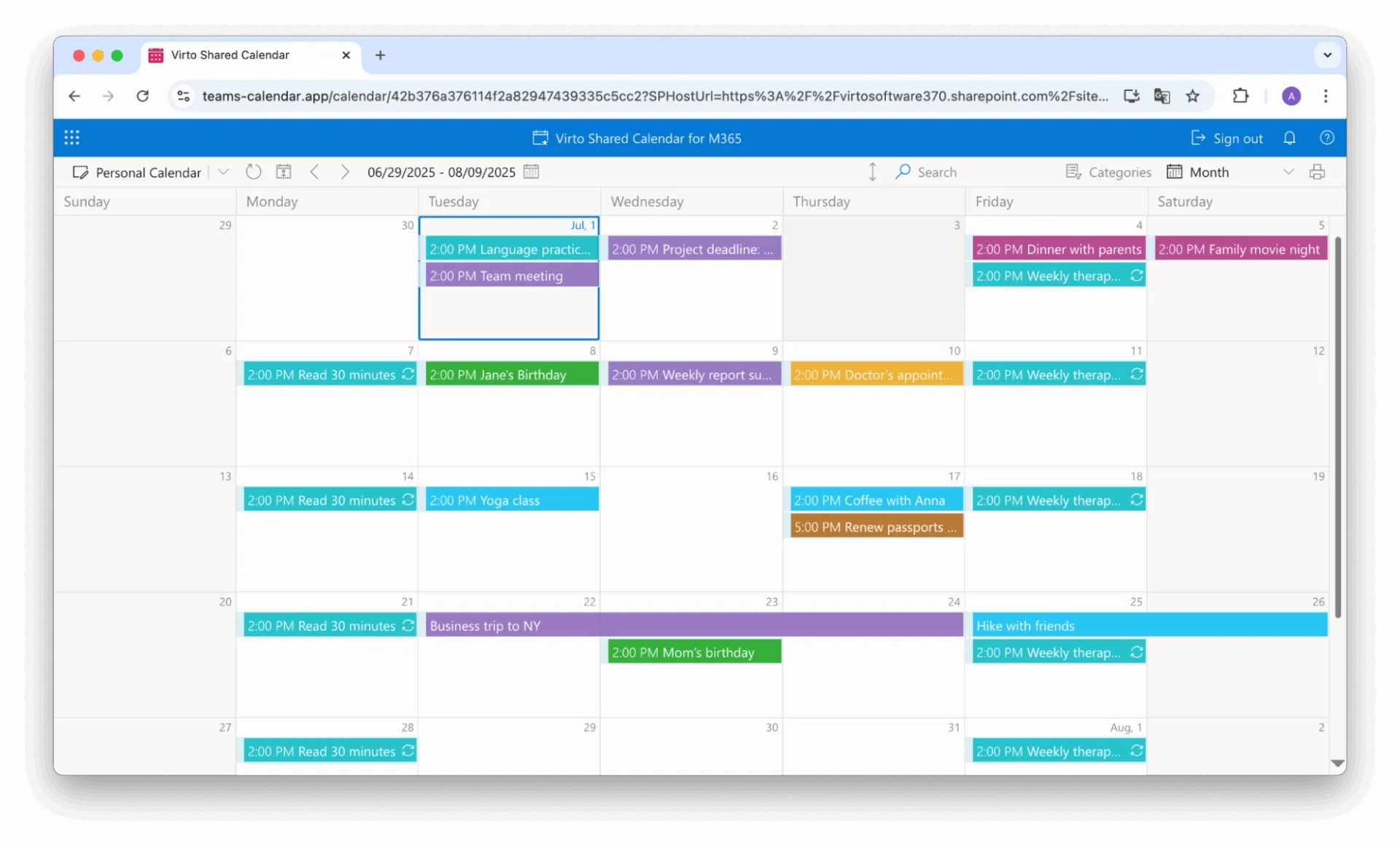 Example of personal calendar in Virto Shared Calendar.