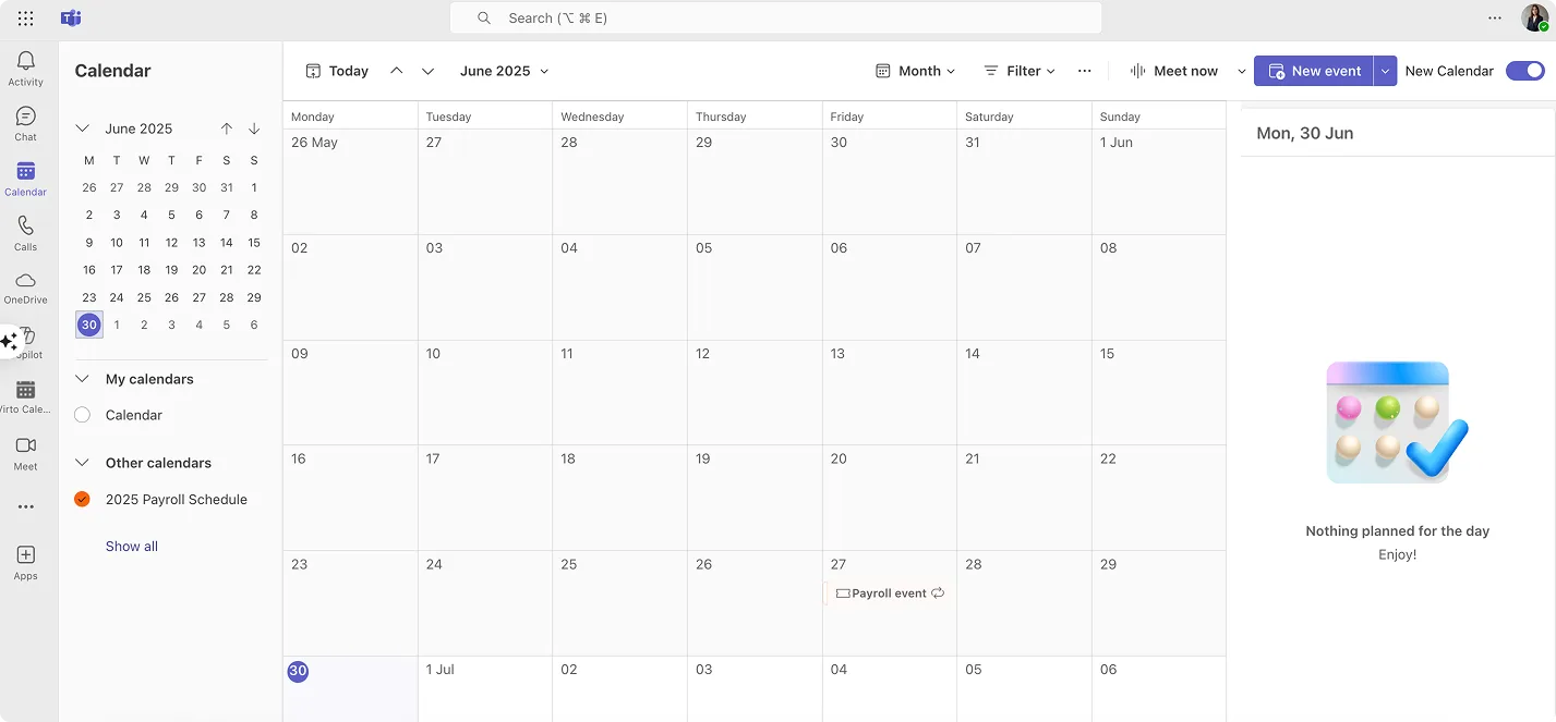 Navigating to your new payroll calendar in Teams