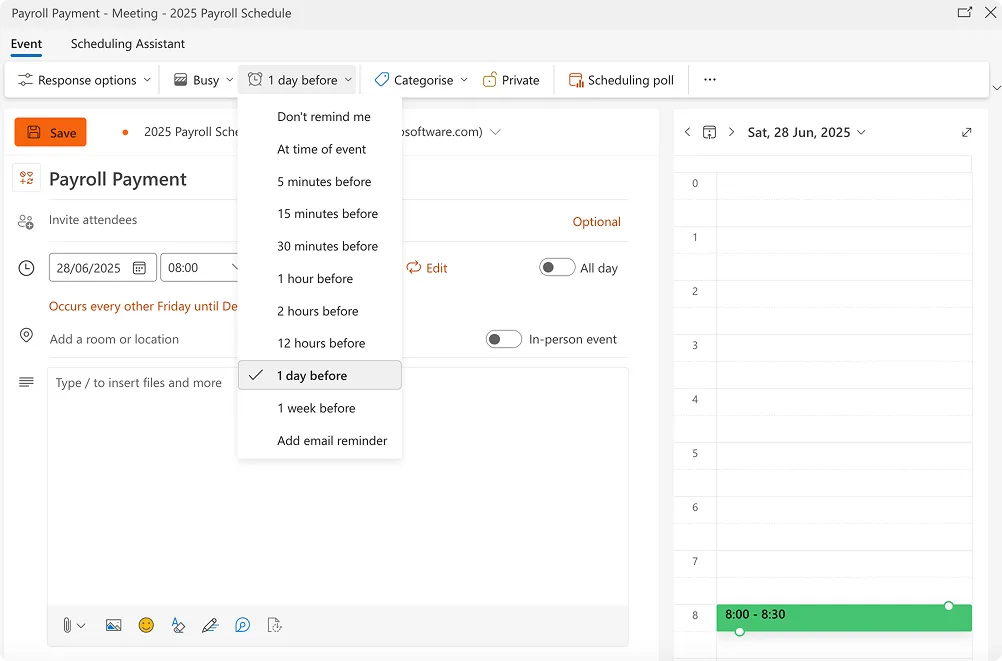 Setting up a repeat event