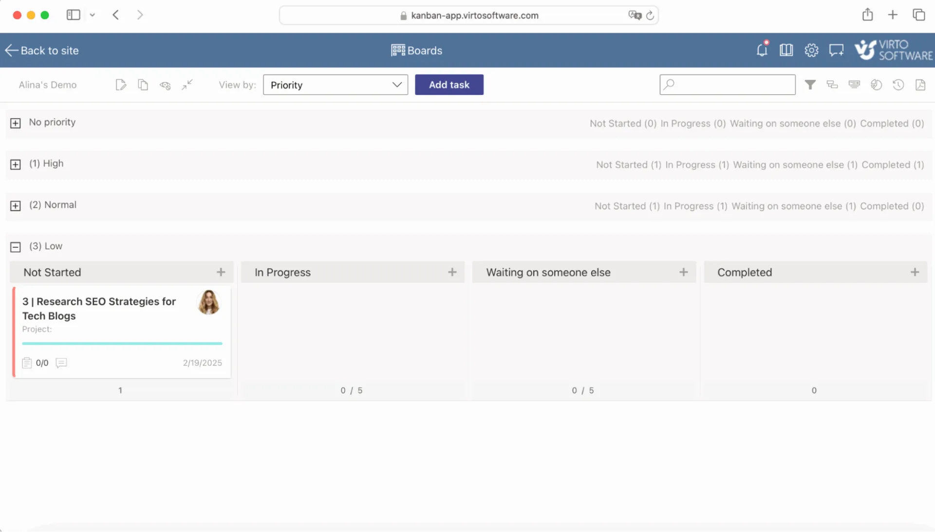 Swimlanes by priority in Virto Kanban Board App. 