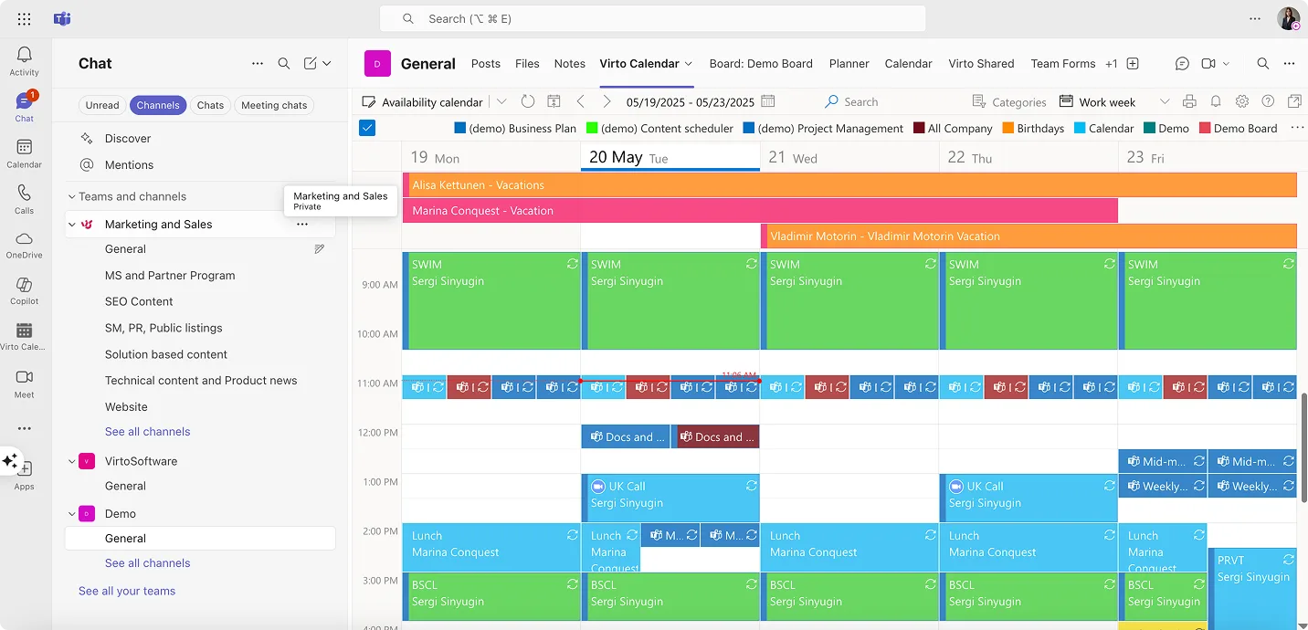 Example Virto Calendar App in Teams