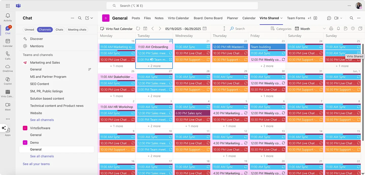 Example Virto Shared Calendar App in Teams