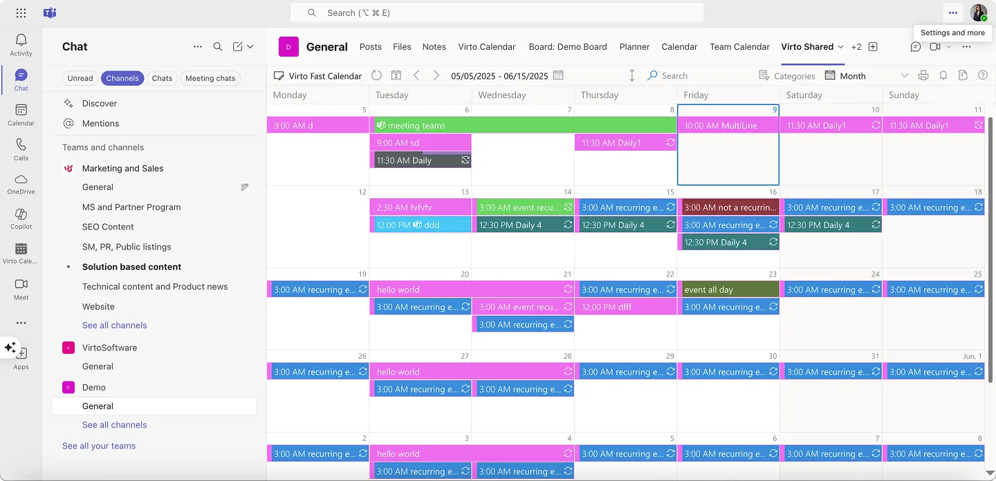 Sample Virto Shared Calendar within Teams