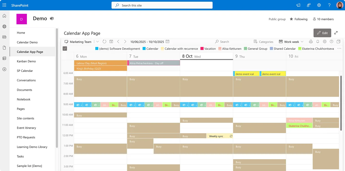 Example Virto Calendar on SharePoint site