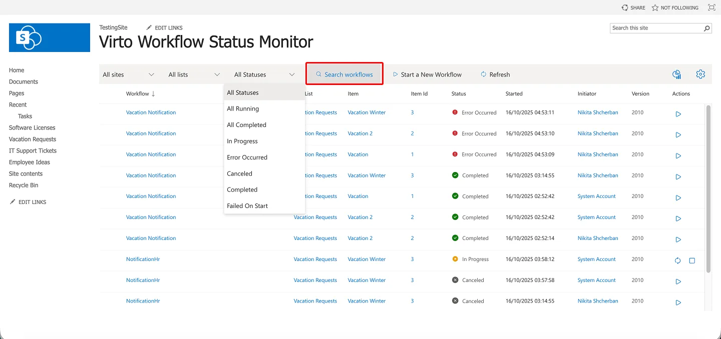 Virto Workflow Status Monitor.