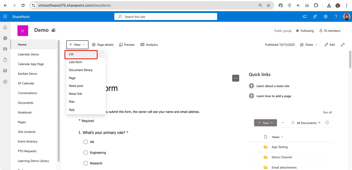 Creating a new list on the SharePoint site