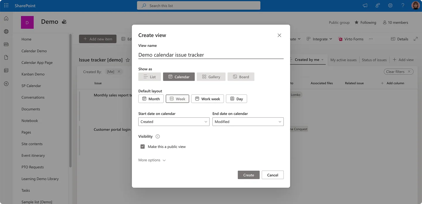 Creating sample calendar view