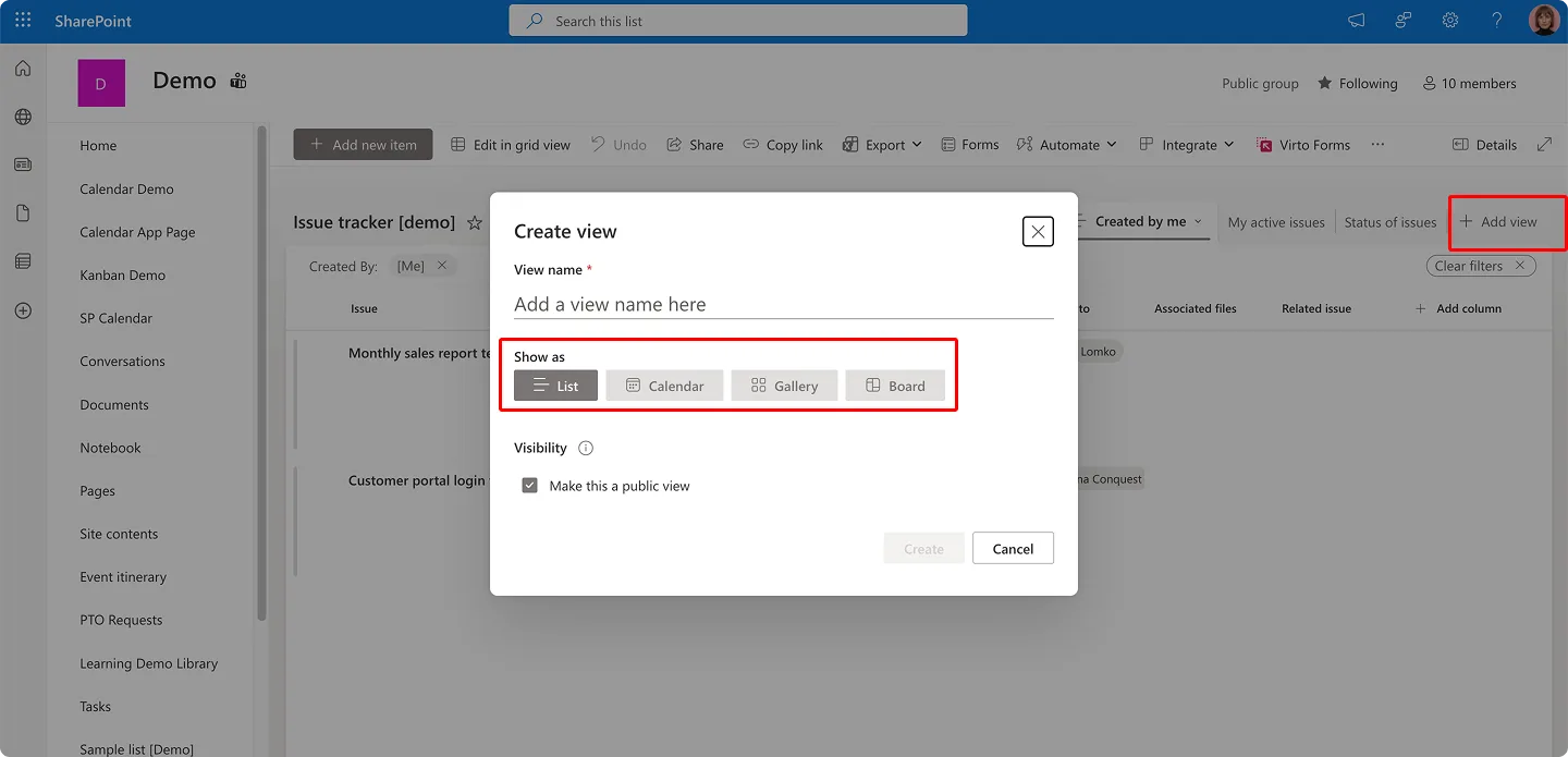 Navigating to “Add view”