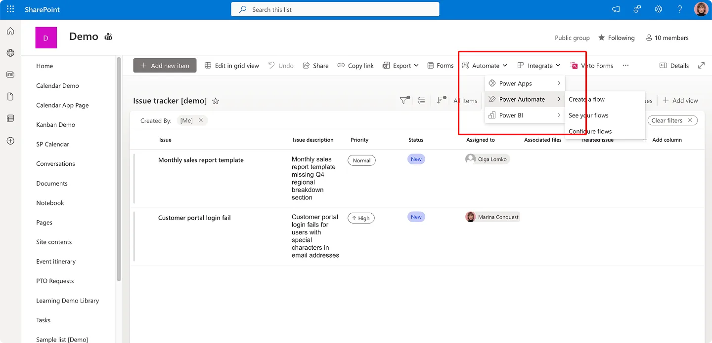 Navigating to automation options in SharePoint