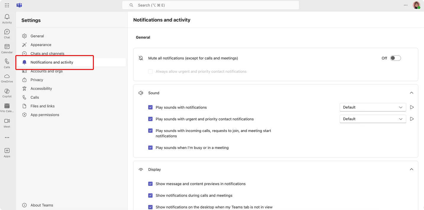 Navigating to notifications in Teams