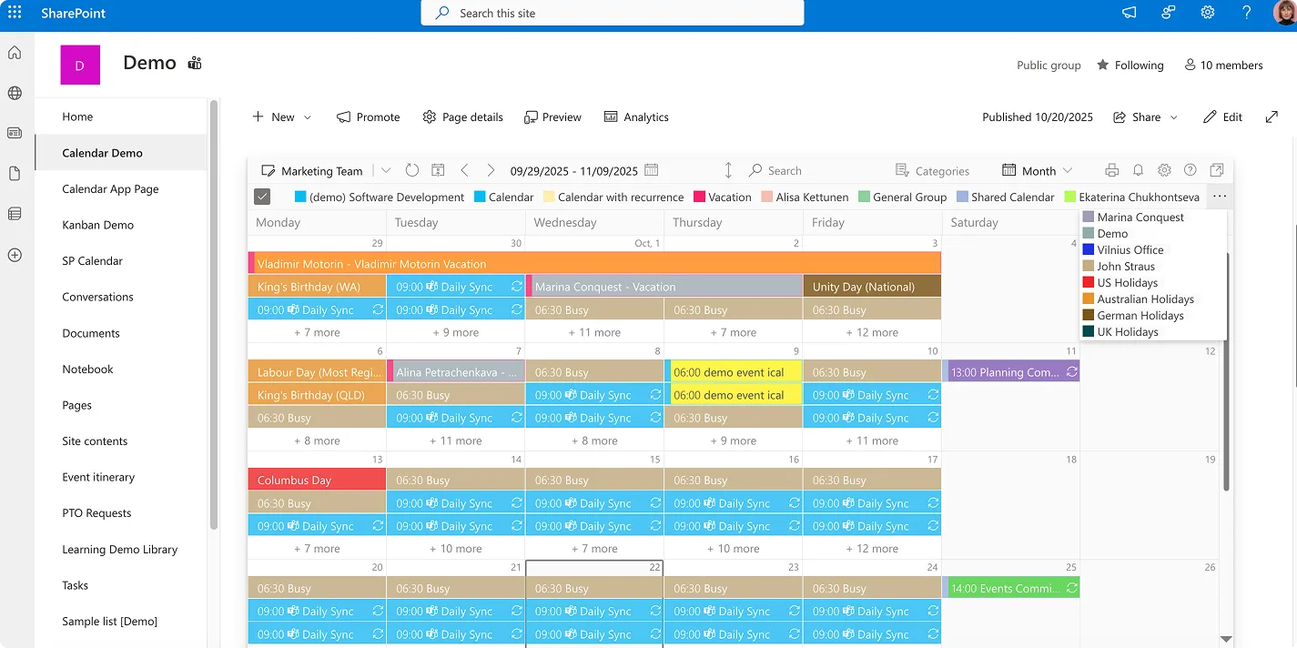 Sample Virto Calendar in SharePoint