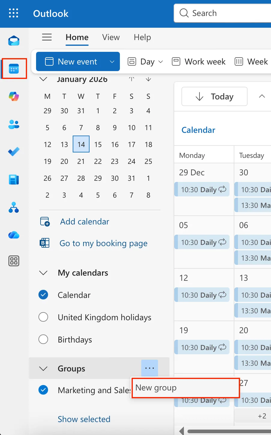 Creating a new group in Outlook