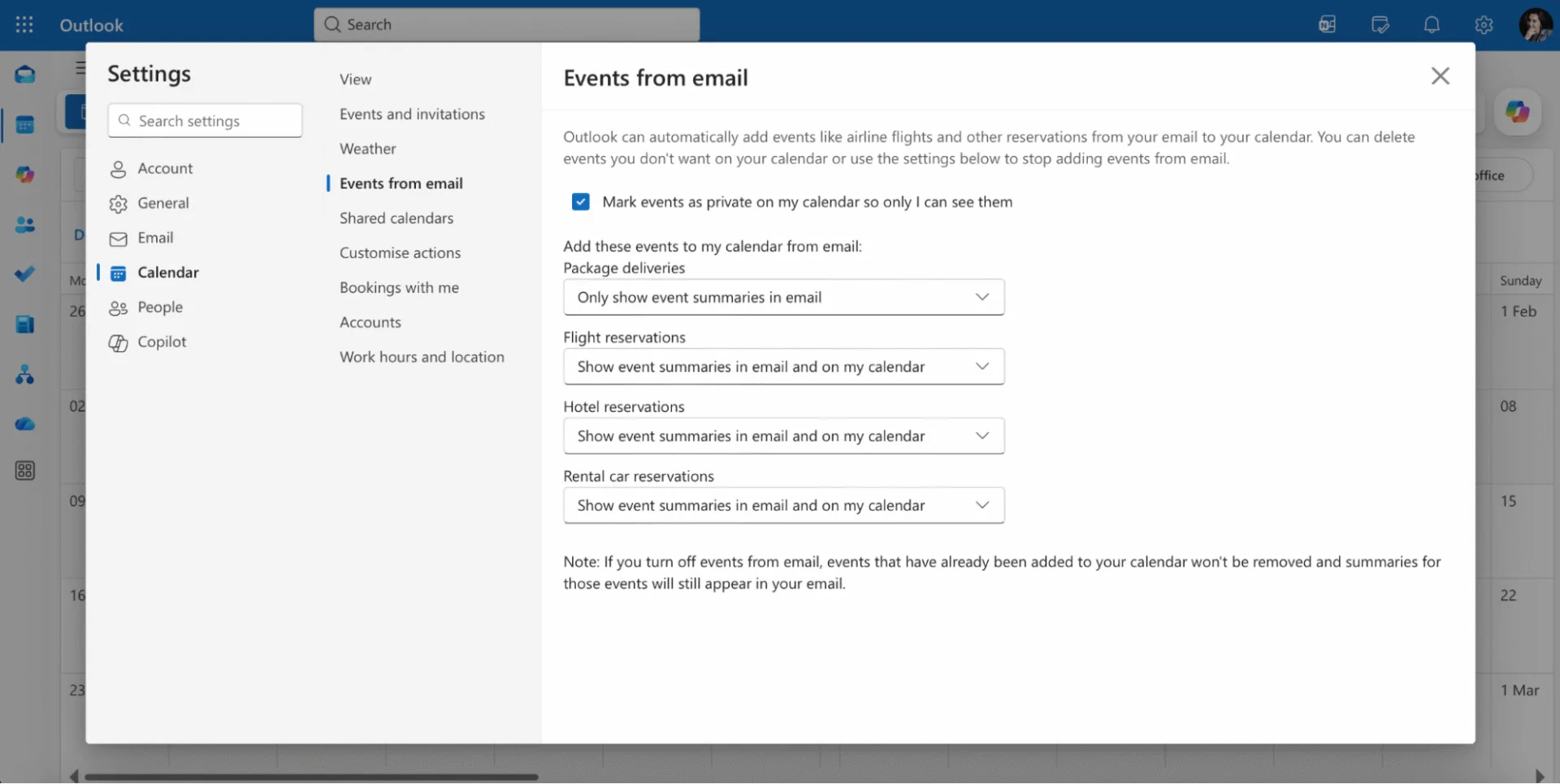 Events from email settings in Outlook