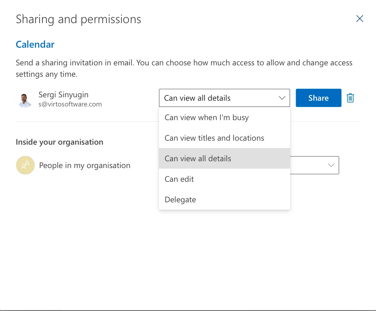 Individual permissions in shared calendar in Outlook