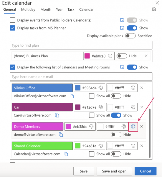 Virto Calendar permissions settings